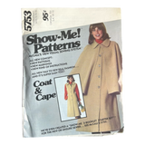 Show-Me! 5753 Misses' Unlined Sleeveless Coat with Detachable Cape Pattern - Size 10-12-14