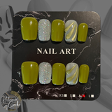 Green and Opaque Clear Short Square Press On Nails - Size Medium