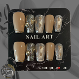 Nude and Gold Glitter Medium Coffin Press On Nails - Size Medium
