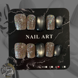 Champagne Glitter and Black Cat Eye Short Square Press On Nails - Size Medium