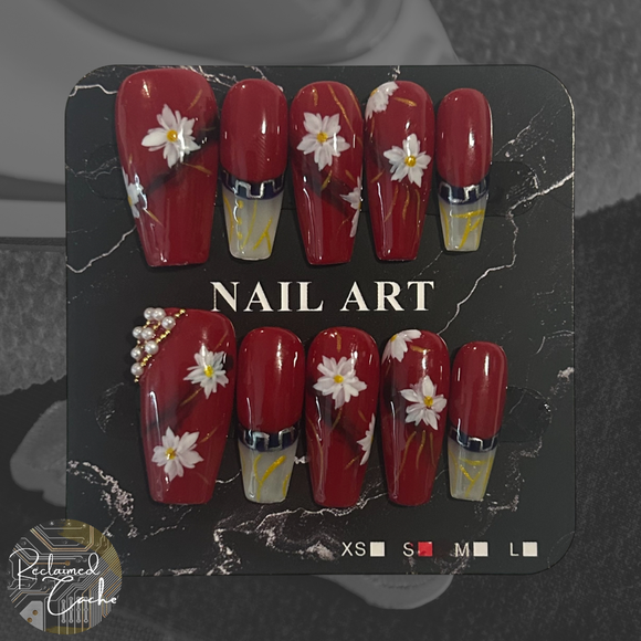 Red and White Floral Long Coffin Nails - Size Small
