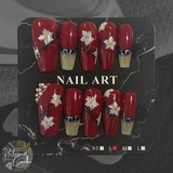 Red and White Floral Long Coffin Nails - Size Small