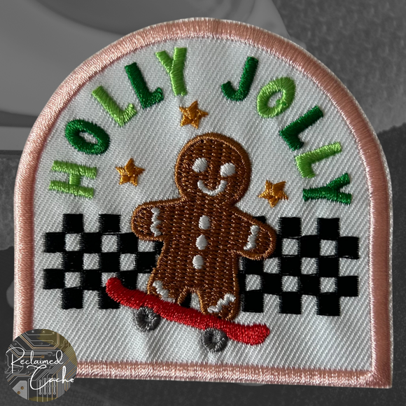 Holly Jolly with Gingerbread Man Iron On Patch