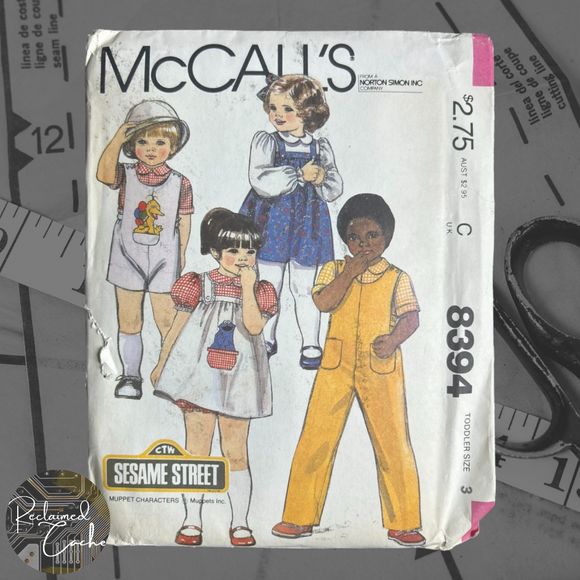 McCall's 8394 Toddlers' Dress, Bloomers, Shirt, Overalls and Blue Transfer Pattern  - Size Toddler Size 3
