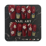Red and White Floral Long Coffin Nails - Size Small