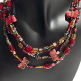 Red and Gold Multi-Strand Glass Bead Layered Necklace