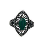 Silver and Green Rhinestone Statement Ring - Size 6.5