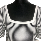 Susina White Pinstripe Square Neck Short Sleeve Striped Print T-Shirt - Size Small