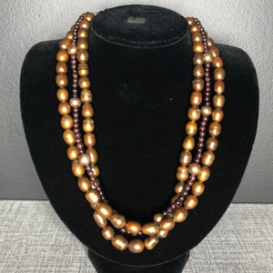 Handmade Three Strand Brown Pearl Necklace