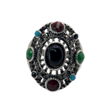 Silver and Multicolor Rhinestone Statement Ring - Size 10