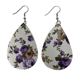 Purple Floral Faux Leather Teardrop Earrings
