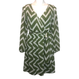 Expresso Green and Cream Chevron Faux Wrap Dress - Size Medium