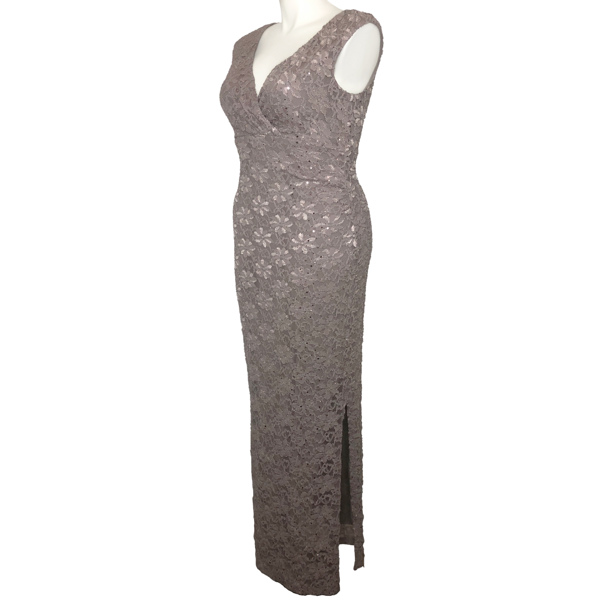 Connected Apparel Dusty Taupe Maxi Sequined Lace Evening Gown- Size 12 –  Reclaimed Cache