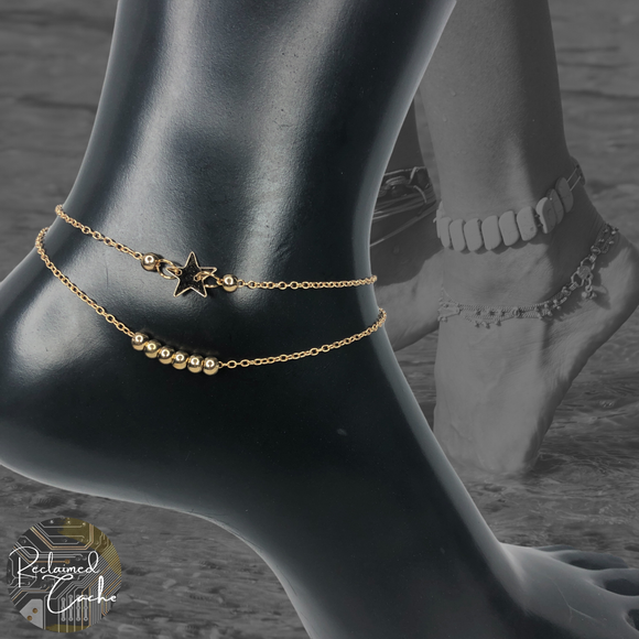 Gold Double Strand Simple Bead and Star Anklet