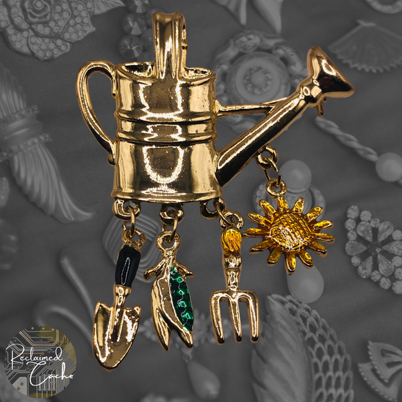 Gold Gardening Watering Can and Tools Brooch