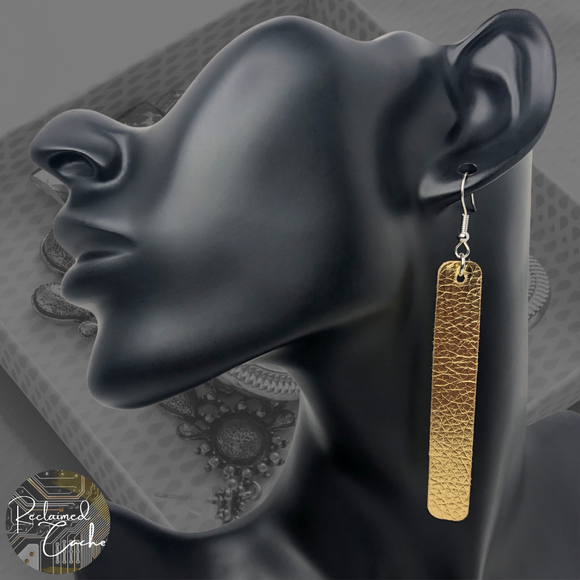 Gold Faux Leather Rectangle Drop Earrings