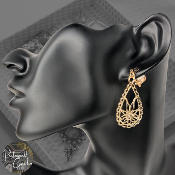 Gold Flower Teardrop Clip-On Earrings