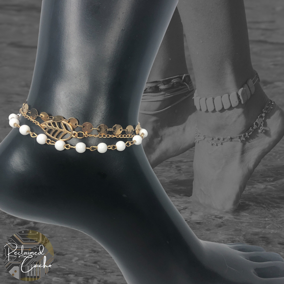 Gold and White Triple Strand Leaf and Beads Anklet