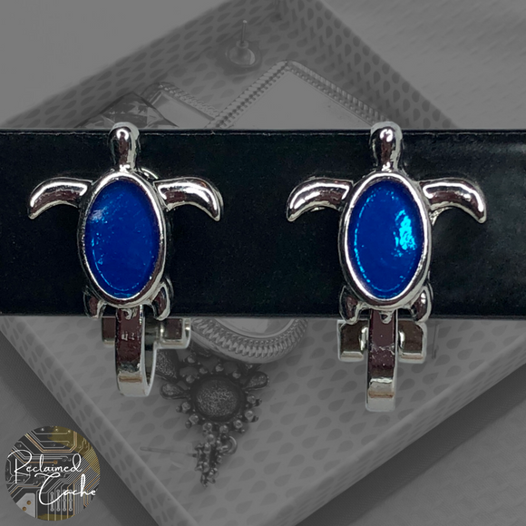 Silver and Blue Turtle Clip-On Stud Earrings