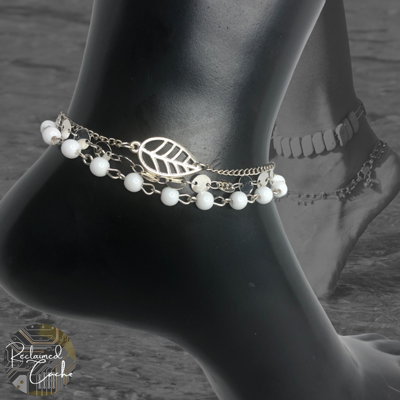 Silver Triple Strand Leaf and White Beads Anklet