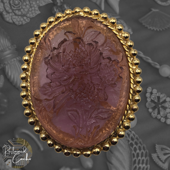 Gold and Purple Oval Floral Cameo Brooch