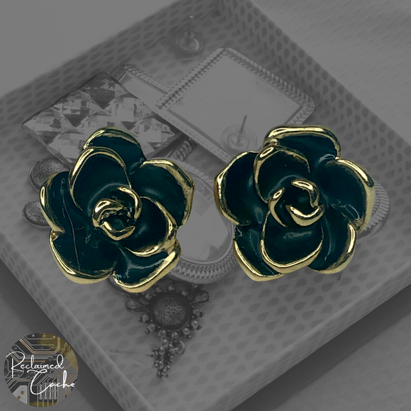 Gold and Black Flower Clip-On Stud Earrings