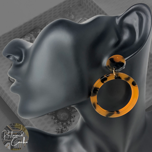 Yellow and Brown Tortoise Shell Round Hoop Drop Earrings
