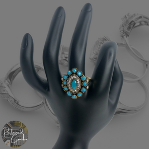 Gold and Blue Rhinestone Statement Ring - Size 10