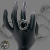 Silver and Black Rhinestone Statement Ring - Size 10