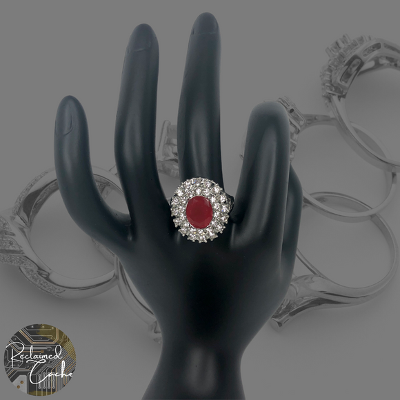 Silver and Red Rhinestone Statement Ring - Size 8.5