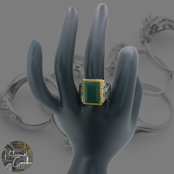 Silver and Gold Boho Ring with Green Stone - Size 8.5