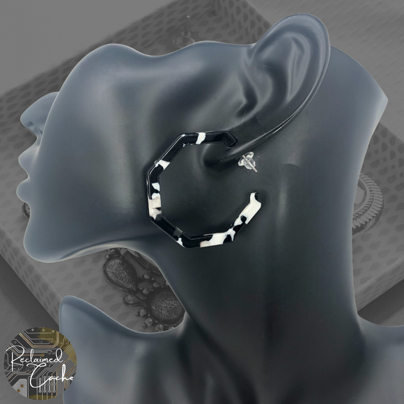 Black and White Resin Small Octagonal Hoop Earrings