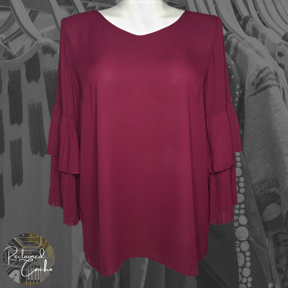 Joan Rivers Merlot V-Neck Top with Pleated Sleeves - Size 16