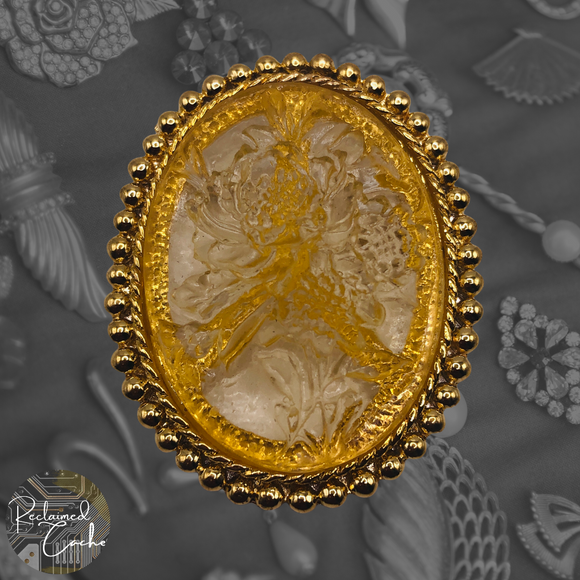 Gold and Yellow Oval Floral Cameo Brooch
