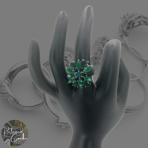 Silver and Green Flower Rhinestone Statement Ring - Size 8