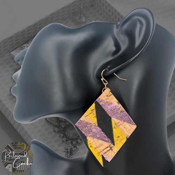 Black, Pink, and Yellow Tribal Printed Cork Earrings