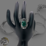 Silver and Green Rhinestone Statement Ring - Size 10