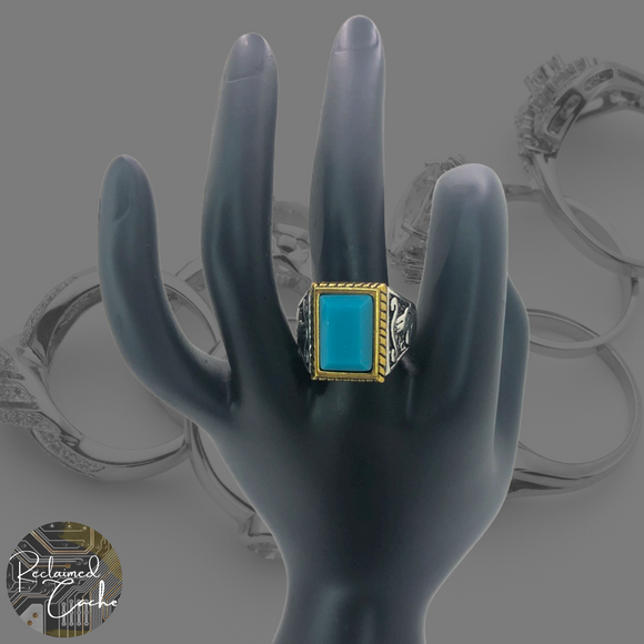 Silver and Gold Boho Ring with Blue Stone - Size 8.5