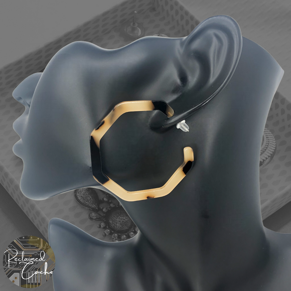 Black and Tan Resin Small Octagonal Hoop Earrings
