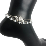Silver Triple Strand Leaf and White Beads Anklet