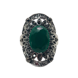 Silver and Green Rhinestone Statement Ring - Size 10