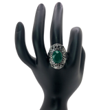 Silver and Green Rhinestone Statement Ring - Size 10