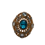Gold and Blue Rhinestone Statement Ring - Size 7.5