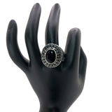 Silver and Black Rhinestone Statement Ring - Size 10
