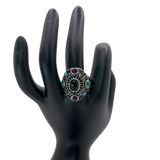 Silver and Multicolor Rhinestone Statement Ring - Size 10