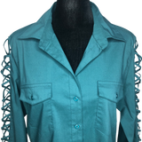 Sharagano Teal Lattice Sleeve Knit to Fit Blouse - Size Medium