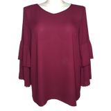 Joan Rivers Merlot V-Neck Top with Pleated Sleeves - Size 16