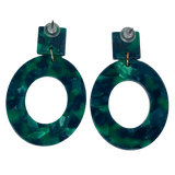 Blue Green Tortoise Shell Oval Hoop Drop Earrings