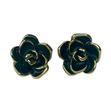 Gold and Black Flower Clip-On Stud Earrings