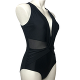 Nicole Miller Black Mesh Insert Plunging Swimsuit - Size 6